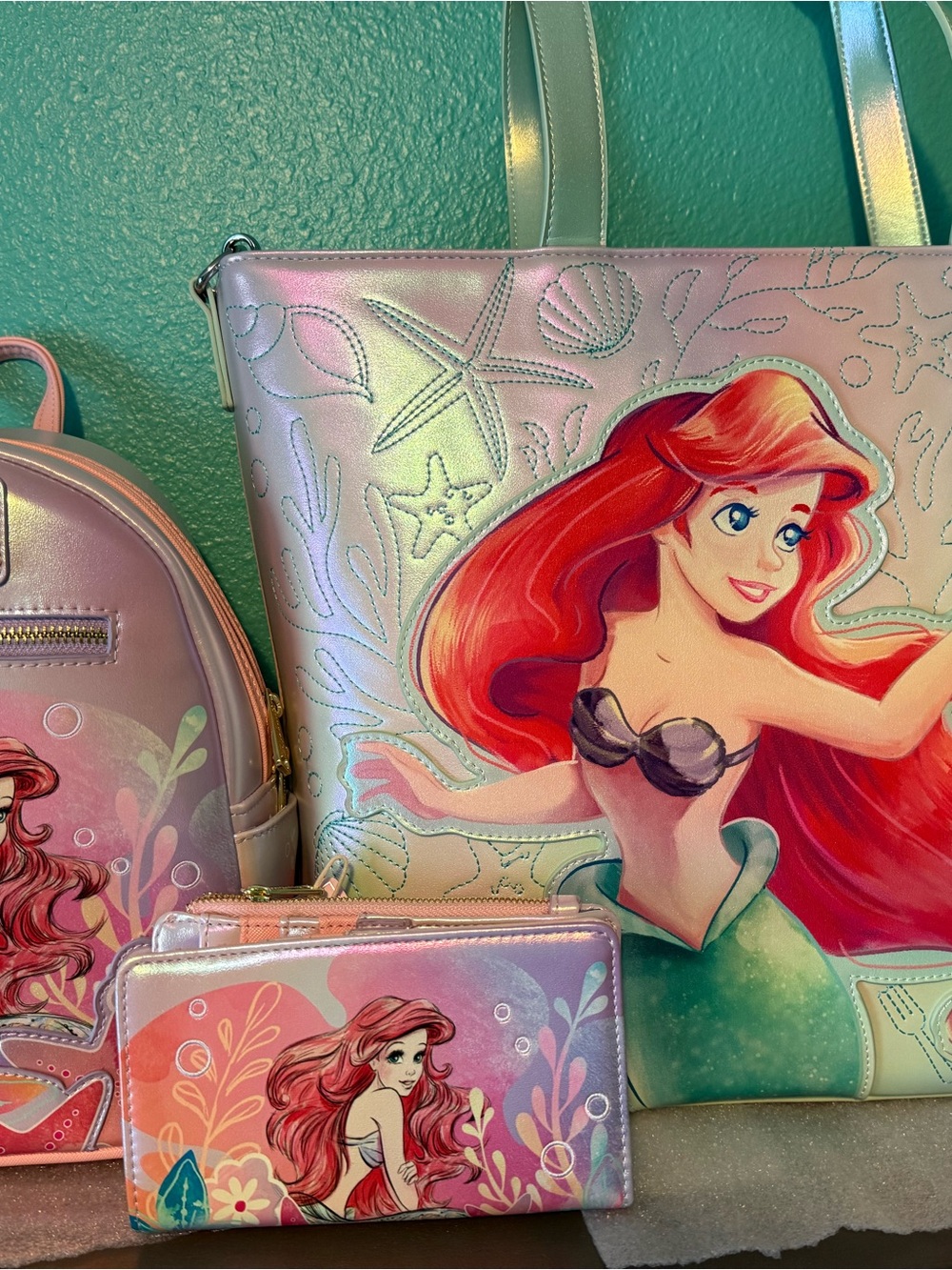 Loungefly Iridescent Pink & Green Ariel Tote with Sea Motif
